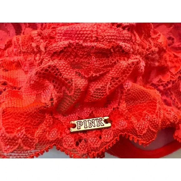 Pink Victorias Secret Bra Neon Orange 34C Floral Lace Front Closure Underwire - Picture 3 of 6